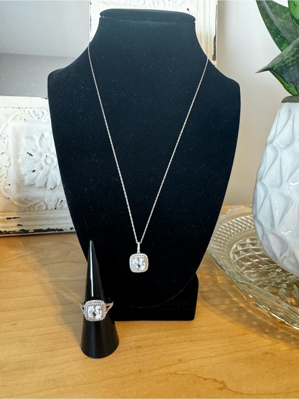 925 Sterling Silver Cushion Cut Double Halo Ring & Necklace Jewelry Set